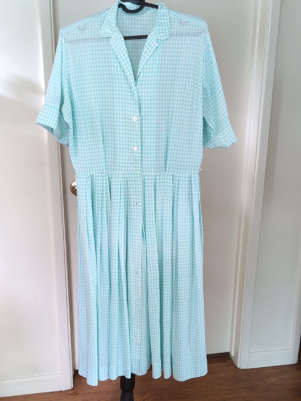 1950 Vintage Light Mint Gingham Button-Front Women's House Dress